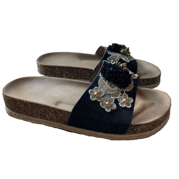 Nature Breeze Platform Slip On Slide Sandals Black Beige Floral Applique Size 8 - Picture 6 of 9